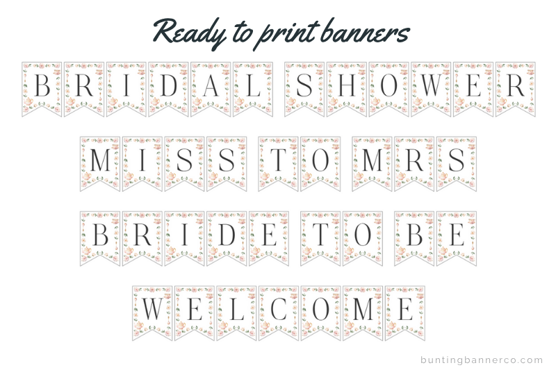 Tea party bridal shower banners: bridal shower, Miss to Mrs, bride to be and welcome signs.