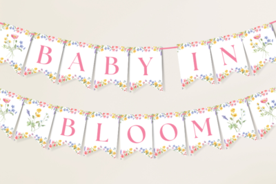Hanging Baby in Bloom wildflower baby shower banner with watercolor wildflowers and foliage.