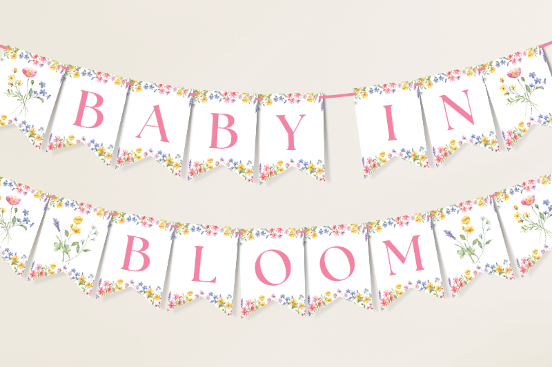 Hanging Baby in Bloom wildflower baby shower banner with watercolor wildflowers and foliage.
