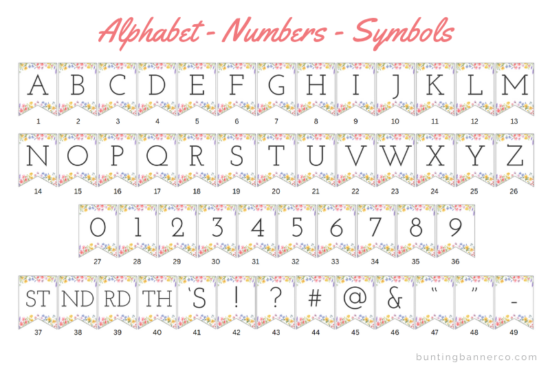 Wildflower themed alphabet bunting flags with watercolor wildflowers and black serif font for baby shower banner.
