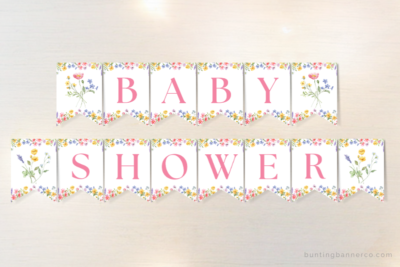 Wildflower baby shower themed bunting banner with watercolor wildflowers and foliage.