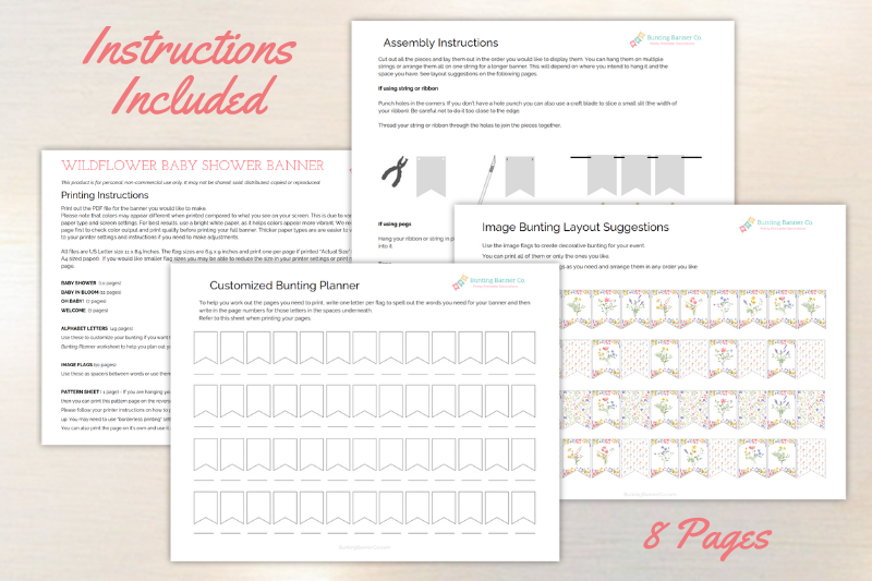 Printing and assembly instruction sheets for wildflower baby shower banner with bunting planner worksheet and layout suggestions.