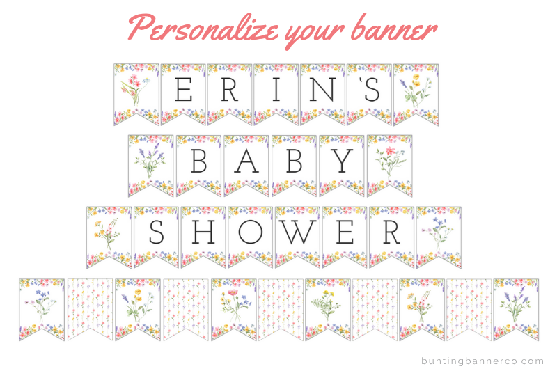 Personalized name baby shower banner with black serif font and watercolor wildflowers with image flags and pattern flags