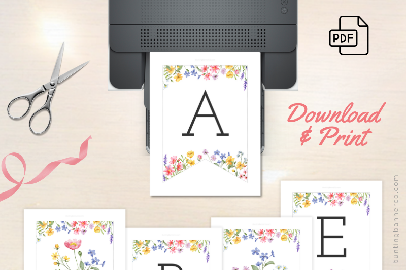 Baby shower bunting printable sheets with watercolor wildflowers and letters ready to download, print and assemble.
