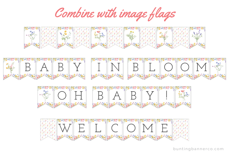 Banners: baby shower, baby in bloom, oh baby and welcome signs with watercolor wildflower bunting flags with floral patterns.