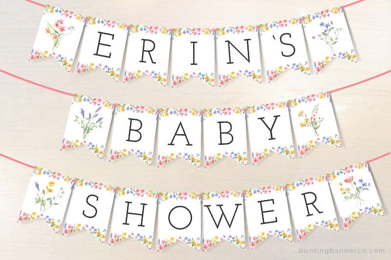 Wildflower personalized name baby shower banner with letters and watercolor wildflowers image flags.