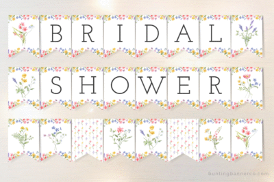 Wildflower themed bridal shower banner flags with watercolor wildflowers, bouquets and black serif font letters.