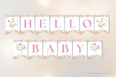Hello Baby wildflower themed baby shower banner with watercolor wildflowers and foliage.
