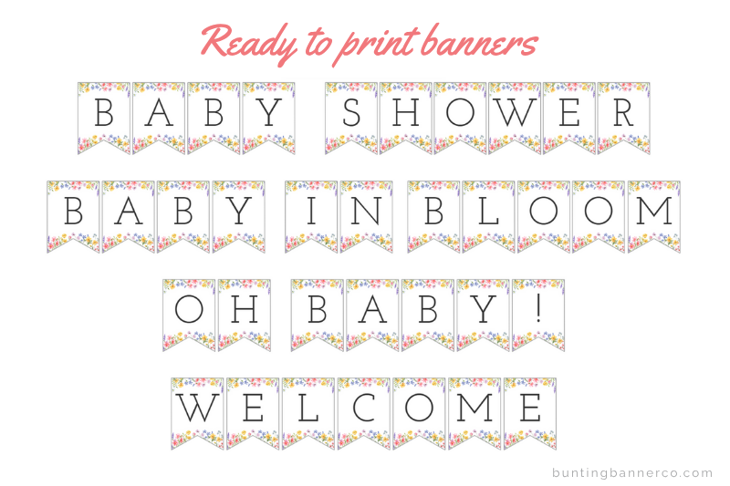 Wildflower baby shower banners: baby in bloom, oh baby and welcome signs.