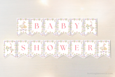 Floral geese baby shower themed bunting banner with watercolor gees, bows, lavender and country wildflowers.