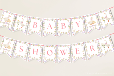 Hanging Baby Shower banner with watercolor geese, wildflowers, daisies and bows.