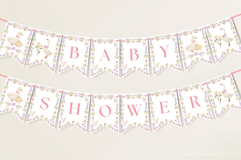 Hanging Baby Shower banner with watercolor geese, wildflowers, daisies and bows.