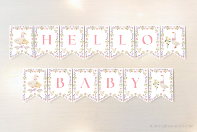 Printable Hello Baby floral geese baby shower themed bunting banner with watercolor gees, bows, lavender and country wildflowers.