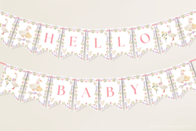 Hanging Hello Baby shower banner with watercolor geese, wildflowers, daisies and bows.