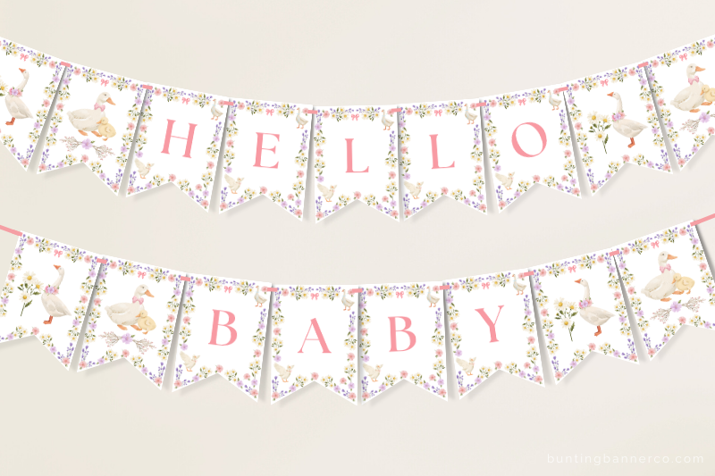 Hanging Hello Baby shower banner with watercolor geese, wildflowers, daisies and bows.