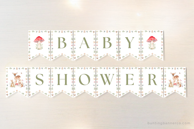 Woodland baby shower themed bunting banner with rabbit, deer, squirrel, mushroom and woodland flowers and foliage.