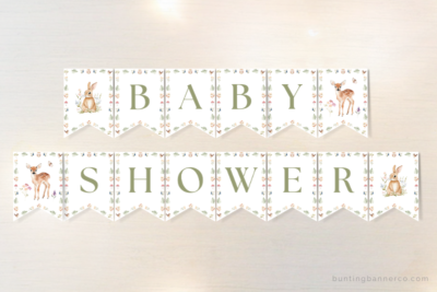 Woodland baby shower themed bunting banner with rabbit, deer and woodland flowers and foliage.
