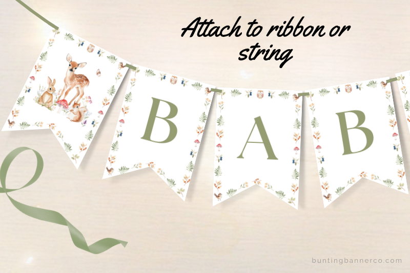 Printable woodland baby shower banner flags with watercolor deer, rabbit and woodland plants.