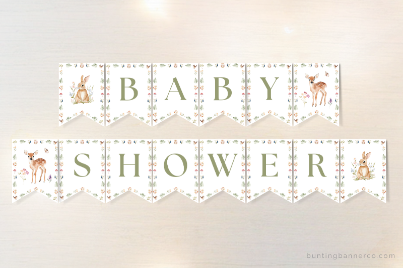 Woodland baby shower themed bunting banner with rabbit, deer and woodland flowers and foliage.
