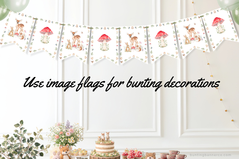 Printable woodland baby shower bunting with watercolor rabbits and deer with mushrooms and squirrel.
