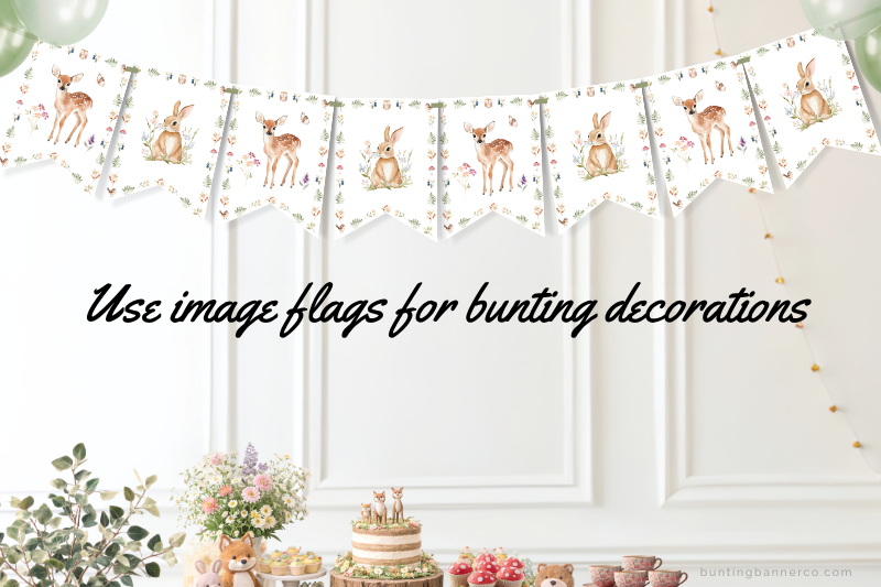Printable woodland baby shower bunting with watercolor rabbits and deer with flowers.