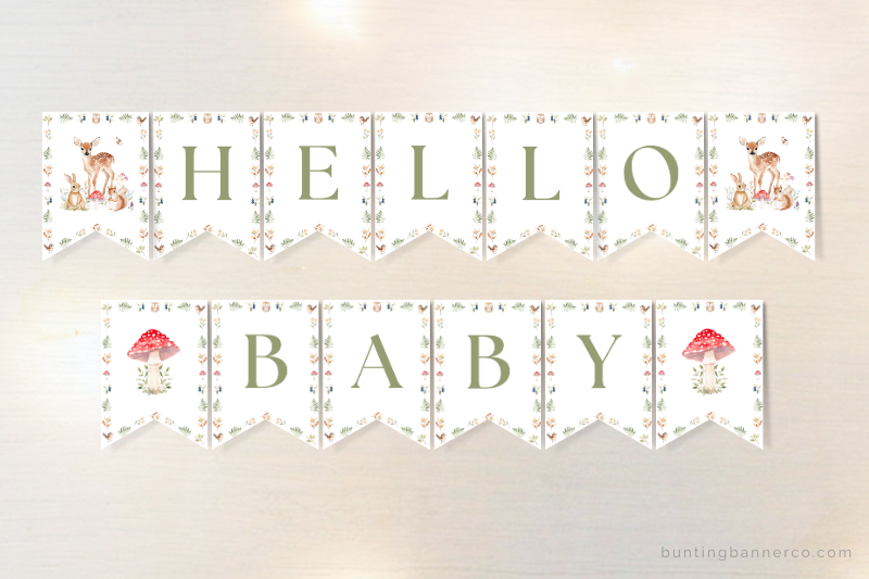 Woodland hello baby shower banner with watercolor deer, squirrel and rabbit and mushrooms.