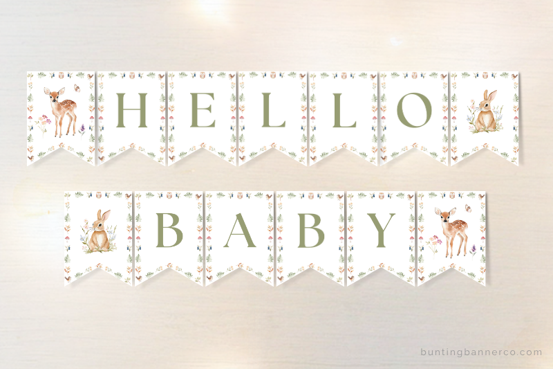 Woodland hello baby shower banner with rabbit, deer and woodland flowers and foliage.