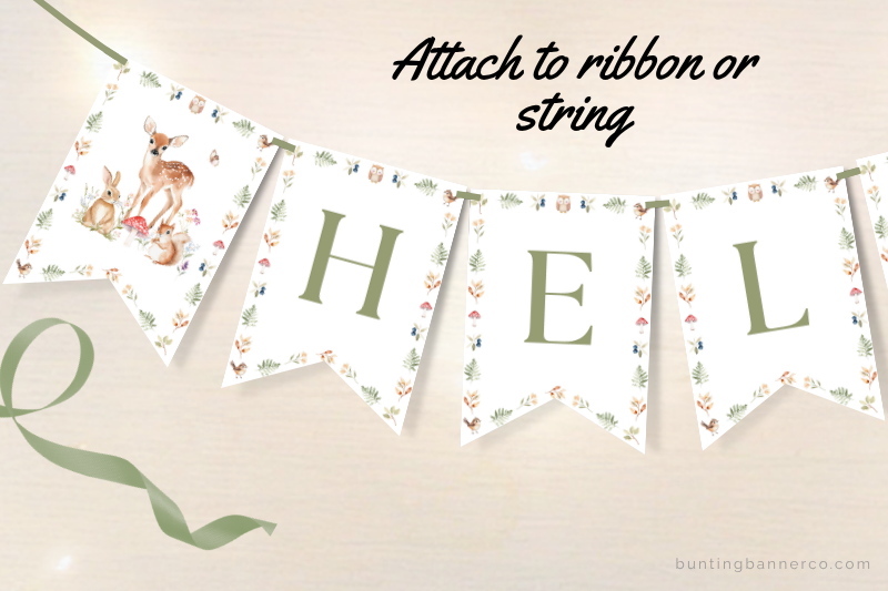 Printable woodland hello baby shower banner flags with watercolor deer, squirrel and rabbit and mushrooms.