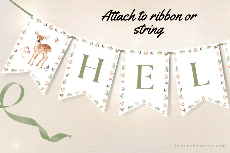 Printable woodland hello baby shower banner flags with watercolor deer, rabbit and woodland plants.