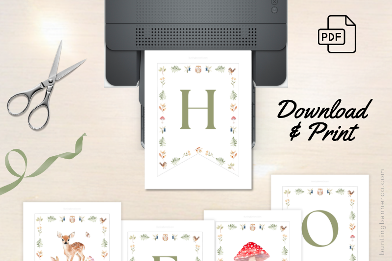 Printable woodland hello baby shower banner pages.