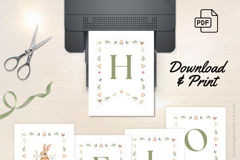 Printable woodland hello baby shower banner pages.