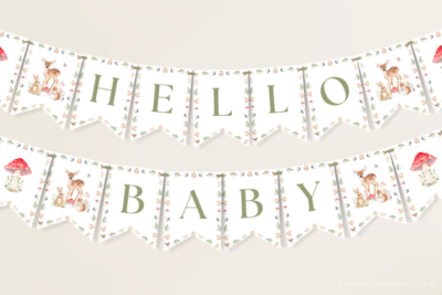 Hanging Hello baby Woodland baby shower banner with watercolor deer, squirrel and rabbit and mushrooms.