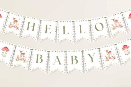 Hanging Hello baby Woodland baby shower banner with watercolor deer, squirrel and rabbit and mushrooms.