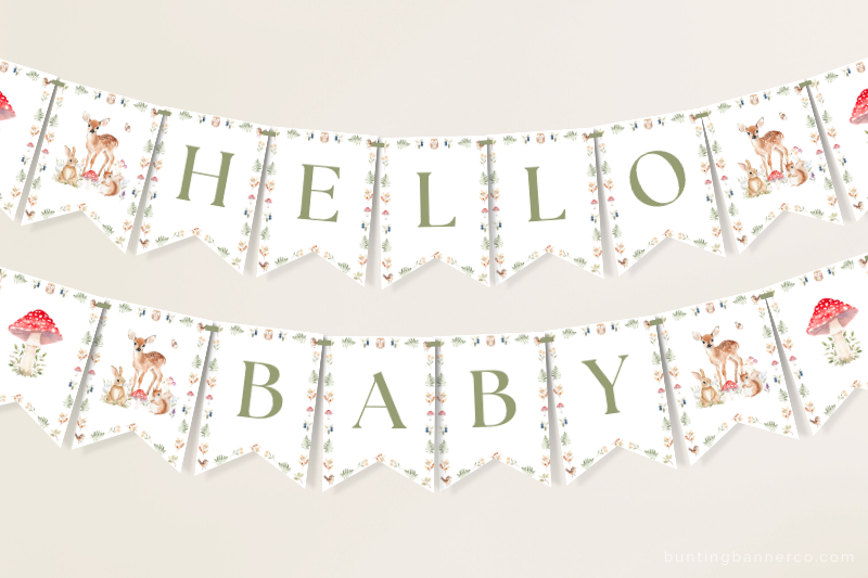 Hanging Hello baby Woodland baby shower banner with watercolor deer, squirrel and rabbit and mushrooms.