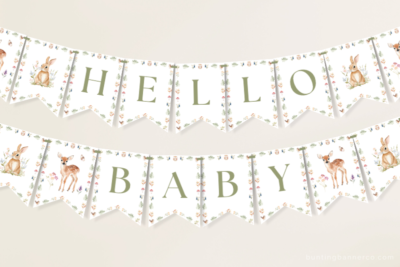 Hanging Hello baby Woodland baby shower banner with watercolor deer and rabbits.