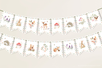 Woodland bunting with watercolor deer, rabbit, hedgehog, bear, squirrel, bird, mushroom and foliage.