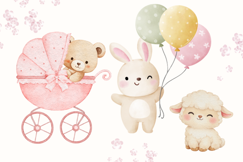 Adorable teddy bear in pram, bunny holding green, yellow and pink balloon, and lamb animal themes for baby showers.