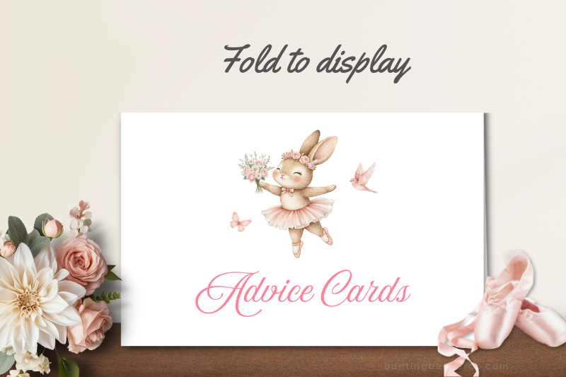 Ballerina baby shower Advice Cards folded sign with ballerina bunny dancing.