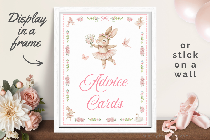 Ballerina baby shower Advice Cards sign in a frame with bunny ballerina and floral bow border.