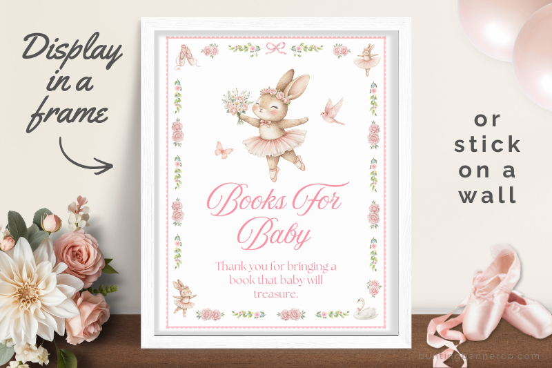 Printable baby shower ballerina books for baby sign in a frame.