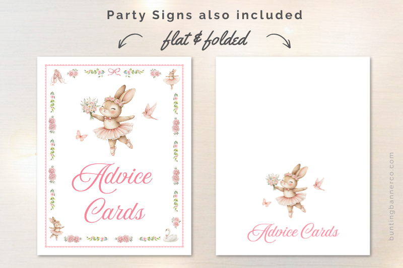 Printable ballerina baby shower advice card signs with cute bunny ballerinas.
