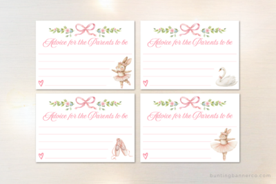 Ballerina baby shower advice cards with dancing ballerina bunnies, swans and ballet shoes.