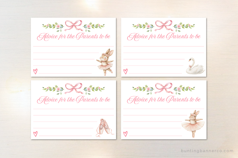 Ballerina baby shower advice cards with dancing ballerina bunnies, swans and ballet shoes.