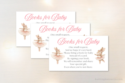Ballerina baby shower books for baby printable enclosure cards with cute ballerina bunnies dancing.