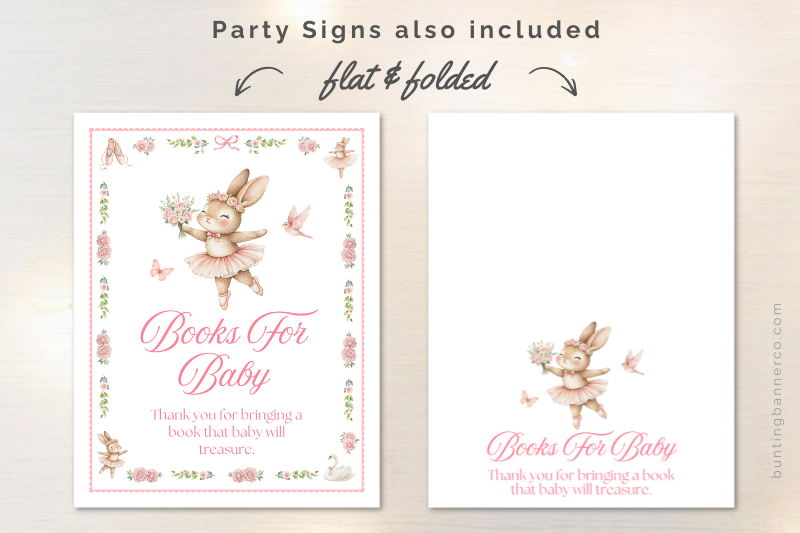 Ballerina baby shower books for baby signs with cute ballerina bunny, ballet shoes, swan and floral border.