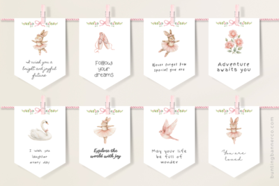 Ballerina nursery banner activity for baby shower with bunny ballerinas, ballet shoes and swans.