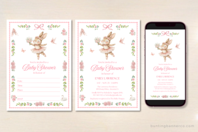 Digital and printable ballerina baby shower invitations with cute ballerina bunnies.
