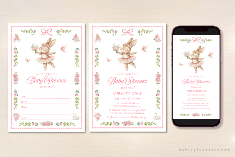 Digital and printable ballerina baby shower invitations with cute ballerina bunnies.