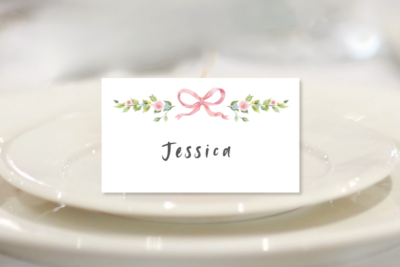 Ballerina bow baby shower place cards.