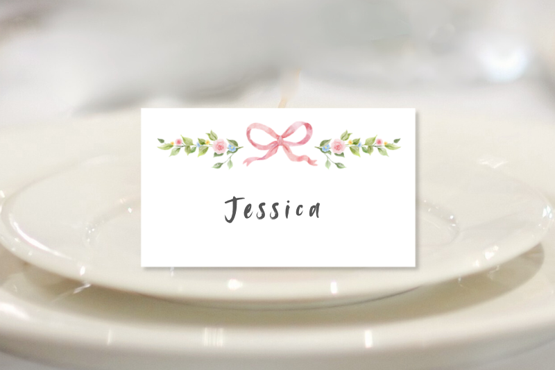 Ballerina bow baby shower place cards.